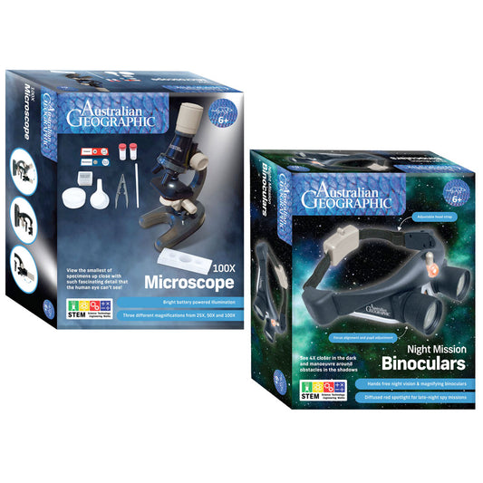 100x Microscope & Night Mission Binoculars by Australian Geographic Value Pack